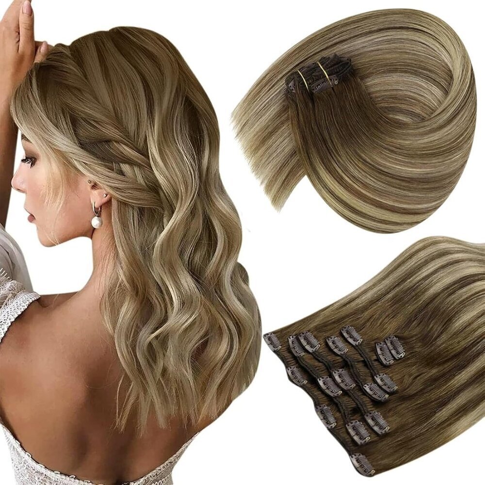 Clip in Hair Extensions Human Hair 16 Inch Straight Balayage Blonde Chestnut
